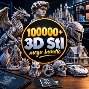 May include: A collection of gray 3D printed models including a dragon, a castle, a helmet, a skull, a car, and a house, surrounding a central circular sign with the text 100000+ 3D Stl mega bundle and two black memory cards.