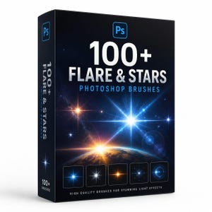 100 Flare & Stars Photoshop-penslar ABR | Linsflare-penslar, stjärnljuseffekter, glödpenslar, digital nedladdning för Photoshop