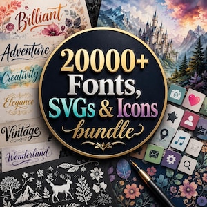 May include: A digital design bundle featuring a central circular emblem with the text 20000+ Fonts, SVGs & Icons bundle. Surrounding the emblem are various font style samples, a castle landscape, icon squares, and floral patterns with a pen.