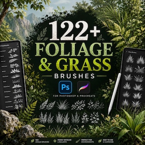 May include: A digital collection of 122+ foliage and grass brushes for Photoshop and Procreate, displayed on two tablet screens with white stylus, featuring white botanical brush stroke previews against a dark green forest background.