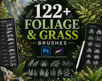 Könnte beinhalten: Eine digitale Sammlung von 122+ Laub- und Graspinseln für Photoshop und Procreate, dargestellt auf zwei Tablet-Bildschirmen mit weißem Eingabestift, mit weißen botanischen Pinselstrich-Vorschauen vor einem dunkelgrünen Waldhintergrund.