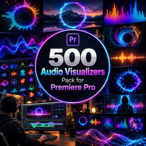 May include: A digital collection of 500 audio visualisers for Premiere Pro, featuring a central circular graphic with the text Pr 500 Audio Visualisers Pack for Premiere Pro, surrounded by various colourful neon sound wave patterns and light effects.