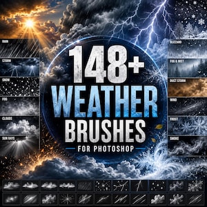 May include: A digital collection of 148+ weather brushes for Photoshop, featuring a central title and various weather effects including rain, storm, snow, fog, clouds, sun rays, blizzard, mist, dust storm, wind, frost, and smoke in a grid layout.