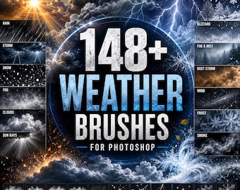 Könnte beinhalten: Eine digitale Sammlung von 148+ Wetter-Pinseln für Photoshop mit einem zentralen Titel und verschiedenen Wettereffekten wie Regen, Sturm, Schnee, Nebel, Wolken, Sonnenstrahlen, Schneesturm, Dunst, Staubsturm, Wind, Frost und Rauch im Raster.