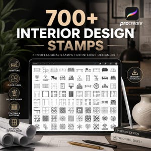 May include: A digital tablet displaying a grid of 700+ interior design stamps for Procreate, featuring furniture, floor plans, decor, plants, textures, and architectural elements. The screen shows black line art icons on a white background.