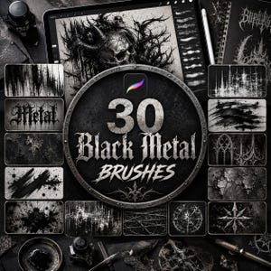 May include: A digital collection of 30 black metal brushes for Procreate, featuring a central circular emblem with the text 30 Black Metal BRUSHES. The image displays various dark, textured brush stroke samples including gothic arches, barbed wire, and ink splatters.