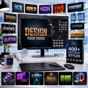 K&ouml;nnte beinhalten: Ein Computermonitor zeigt Grafikdesign-Software mit dem Text DESIGN YOUR VISION, umgeben von verschiedenen Texteffekt-Mustern wie ICE, GOLD, NEON, FIRE, CHROME, WOOD, SMOKE, GLITTER, GLASS, CARBON, LUXURY, NIGHT CLUB, EPIC, ROYAL, SLIME und 3D.