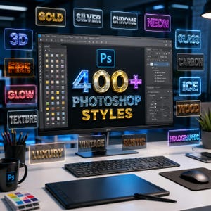 K&ouml;nnte beinhalten: Ein Computermonitor zeigt eine Photoshop-Oberfl&auml;che mit dem Text 400+ PHOTOSHOP STYLES, umgeben von schwebenden rechteckigen Etiketten mit verschiedenen Effekten wie Gold, Silber, Chrom, Neon, Glas, Feuer, Gl&uuml;hen, Textur, Carbon, Eis, Holz, Vintage, Rustikal, Luxus und Holografisch.