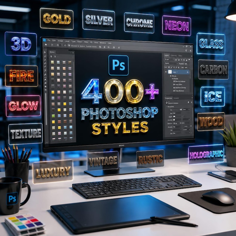 K&ouml;nnte beinhalten: Ein Computermonitor zeigt eine Photoshop-Oberfl&auml;che mit dem Text 400+ PHOTOSHOP STYLES, umgeben von schwebenden rechteckigen Etiketten mit verschiedenen Effekten wie Gold, Silber, Chrom, Neon, Glas, Feuer, Gl&uuml;hen, Textur, Carbon, Eis, Holz, Vintage, Rustikal, Luxus und Holografisch.