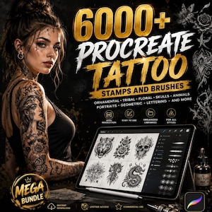 May include: A digital collection of 6000+ Procreate tattoo stamps and brushes featuring ornamental, floral, skull, animal, portrait, and geometric designs. The set includes a tablet displaying various tattoo sketches and a bottle of tattoo ink.