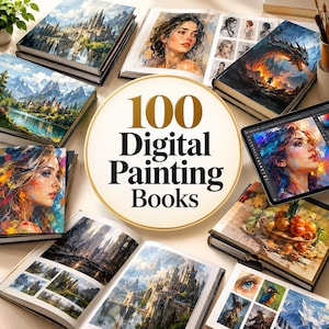 May include: A collection of open and closed books featuring digital art, including landscapes, portraits, and fantasy scenes. A central circular graphic displays the text 100 Digital Painting Books. A tablet shows a digital painting in progress.