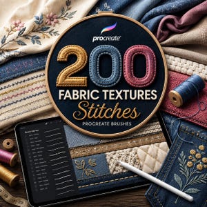 Puede incluir: Una tableta digital que muestra un menú de biblioteca de pinceles Procreate, junto a un bastidor de bordado de madera con tela oscura y el texto 200 FABRIC TEXTURES Stitches PROCREATE BRUSHES, rodeado de muestras de tela y carretes de hilo.