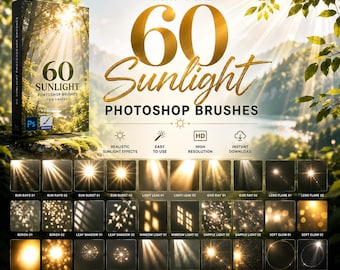 Könnte beinhalten: Ein digitales Set aus 60 Photoshop-Pinseln mit Sonnenlicht-Effekten, darunter Sonnenstrahlen, Lichtausbrüche, Linseneffekte, Bokeh, Blatt-Schatten, Fensterlicht, Lichtflecken, Glüheffekte und volumetrisches Licht in einer Rasteransicht.