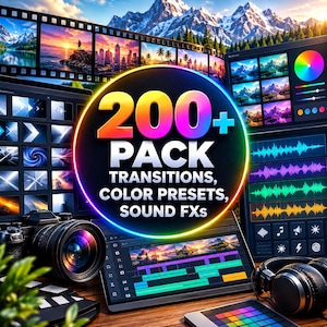 Könnte beinhalten: Ein digitales Bearbeitungspaket mit einer zentralen kreisförmigen Grafik und dem Text 200+ PACK TRANSITIONS, COLOR PRESETS, SOUND FXs. Das Display zeigt Videobearbeitungssoftware, ein Kameraobjektiv, Kopfhörer und ein Bedienfeld zur Farbkorrektur.