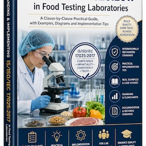 Op de afbeelding: Een boek getiteld Understanding & Implementing IS/ISO/IEC 17025:2017 in Food Testing Laboratories. De kaft toont een laboratoriummedewerker met een microscoop, voedselmonsters en tekst over kwaliteitsborging en naleving van normen.