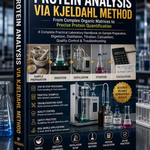 Puede incluir: Un libro de tapa dura azul oscuro titulado Protein Analysis via Kjeldahl Method por Parthiban R. La portada presenta una guía visual paso a paso de procesos de laboratorio, incluyendo preparación de muestras, digestión, destilación y titulación.