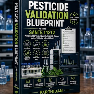 May include: A black book titled Pesticide Validation Blueprint as per SANTE 11312 by Parthiban. The cover features green text, a clipboard with validation parameters, a rack of test tubes, a green liquid flask, and a computer monitor displaying data.