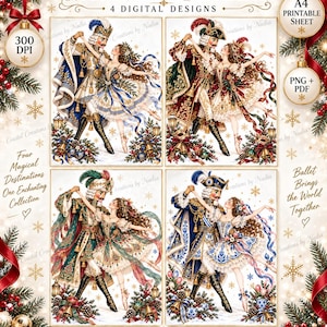 以下が含まれることがあります： Around the World Nutcracker & Ballerinaと題されたデジタルコレクションで、くるみ割り人形とバレリーナが踊る4つの異なるイラストが特徴です。このセットには、300 DPIのA4印刷可能シートが含まれており、PNGおよびPDF形式で提供され、松の枝、赤いリボン、金色のオーナメントなどの祝祭的な要素で装飾されています。