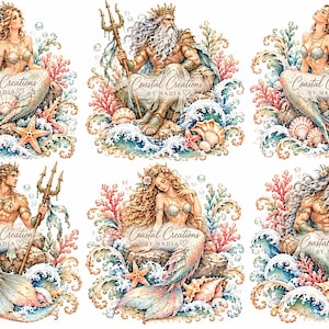 May include: A collection of six watercolor-style illustrations featuring mermaids and mermen with tridents, surrounded by coral, seashells, and ocean waves. Each design includes the text Coastal Creations BY NADIA in a script font.