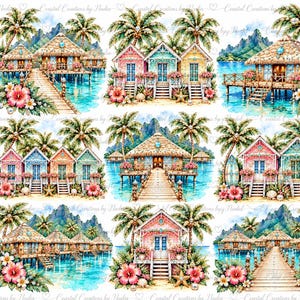 May include: A digital collage featuring nine distinct tropical scenes with thatched-roof bungalows, wooden piers over turquoise water, palm trees, and vibrant pink hibiscus flowers. The background is white with a repeating watermark text.
