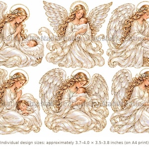 May include: A collection of six illustrations featuring angels with long blonde hair, halos, and large feathered wings, each interacting with a baby in various settings, including cradles and with a lamb. Individual design sizes are 3.7-4.0 x 3.5-3.8 inches.