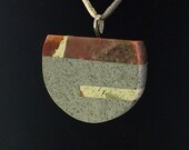 Art Jewelry Pendant, Grey Concrete, Inlaid River Rock and White Concrete, Silver 39 Leaf 39 Bail, Hangs on a 17 Silver Silk Cord
