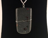 Art Jewlery Pendant, Charcoal Concrete, Inlaid Red Glass, Wrapped in Silver Wire, Hangs on a 16 Silver Silk Cord