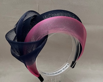 Navy and pink  fascinator knotted headband, Navy blue headpiece for a wedding guest, mother of the bride head piece, Races Headwear