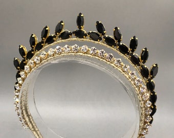Gold Halo Bridal Crown Tiara Black Headband, Antique Tiara Art Deco Wedding Headpiece,  Burlesque headpiece, Alternative Bride