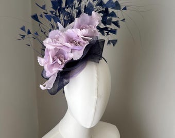 Navy & lilac fascinator feather and flower headband, statement headwear, races wedding guest