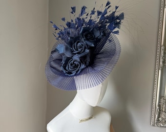 Navy large Rose fascinator headband, Navy hatinator headpiece, wedding races guest