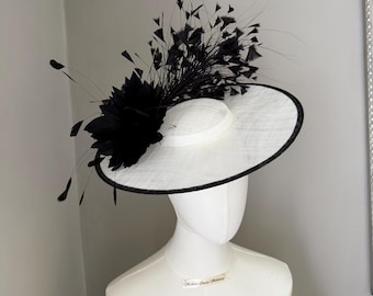 Black and white Boater Hat : Sinamay  trimmed hat, Small Brim, Ascot Headwear