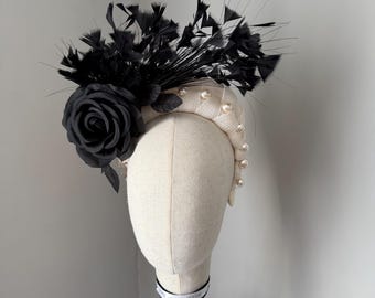 Black and ivory crown fascinator headband, Ascot hat, wedding, more colour options