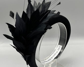 Black feather padded headband fascinator, Races headpiece, mother of the bride headpiece, velvet fascinator headband- bridal headpiece