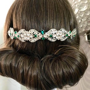 Emerald Green bridal back hair piece, hair accessory, wedding back headpiece, silver crystal hair comb
