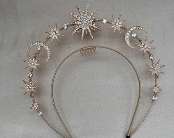 Sparkling gold Star halo headband bridal halo Crown For A Celestial Wedding, Cosmic Headband, Headwear for a bride - costume headpieces,