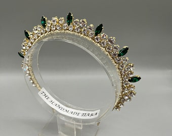 Emerald green and Gold Crown Tiara - Halo antique Bridal Headwear -  Wedding headpiece - bridal accessory - modern bride