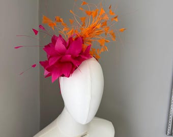 Pink & Orange feather statement fascinator mini hat headband