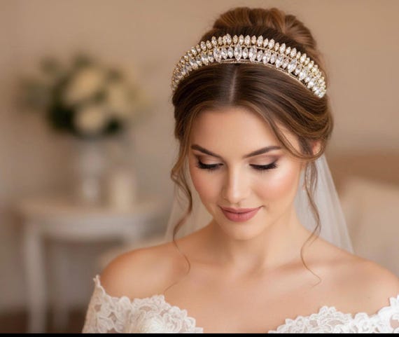 Gold Crystal Halo Crown Headband, Wedding Hair Piece - Etsy display picture 3