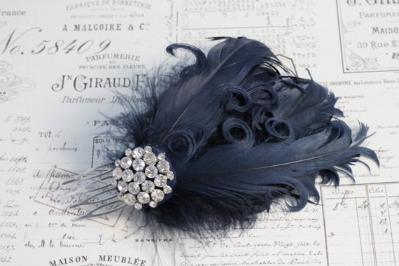 Navy Feather Hair Comb Curly Feathers Wedding Hair 1920s Etsy