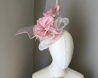 Pale pink silk flower fascinator statement sculpture headband , Ascot hat, wedding races