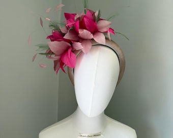 Mixed pink and sage Feather flower fascinator, Fuschia and dusky statement headwear