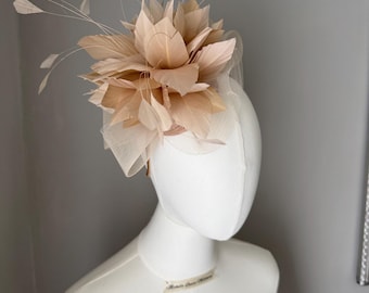 Natural beige feather fascinator statement headband , Ascot hat, wedding races