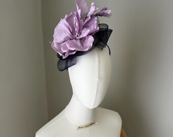 Navy blue and lilac fascinator silk flower headband : statement headwear, races wedding guest