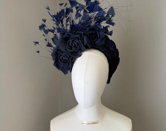 Navy large flower Fascinator Headband : Crown headpiece, Wedding Guest Headwear