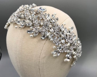 Large Bridal Headband Tiara Crown -  Wedding Headpiece - Crystal Tiara - Silver Bridal Headwear - Statement Tiara, Accessory