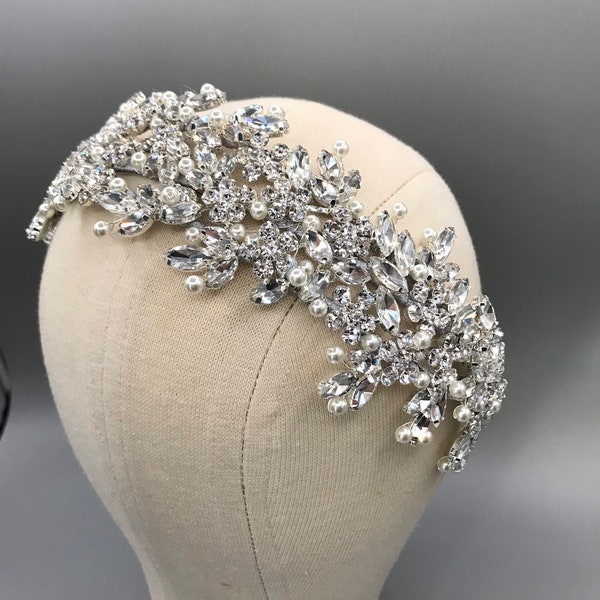 Large Bridal Headband Tiara Crown -  Wedding Headpiece - Crystal Tiara - Silver Bridal Headwear - Statement Tiara, Accessory