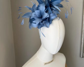 Dusky blue feather fascinator flower mini disc headband, more colours