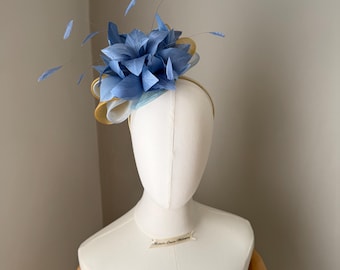 Dusky blue & gold fascinator feather flower mini disc headband, more colours