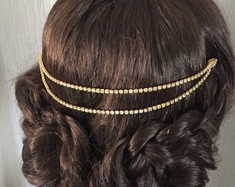 Hair chain back headpiece gold crystal  -  Art Deco Jewellery - 1920s Bridal Headpiece  - Downtown Abbey Headpiece - Bohemian Wedding.